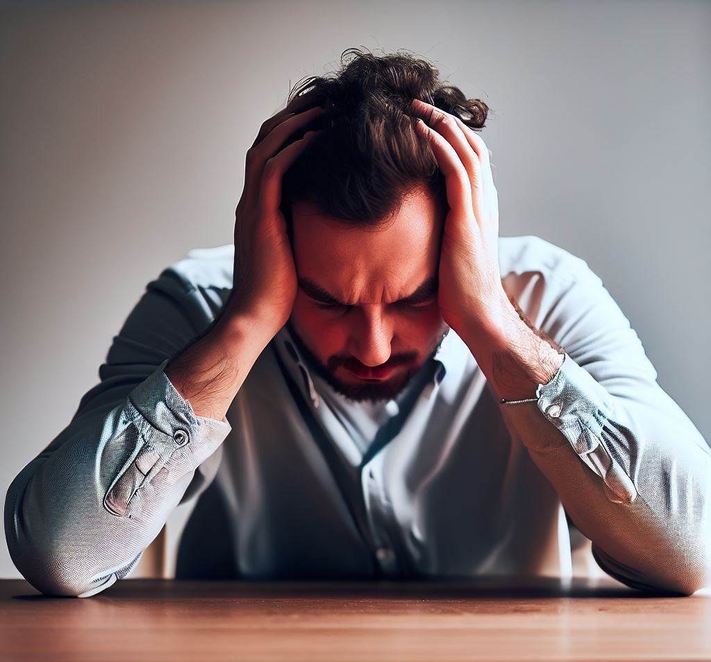 Man sitting at a table with his head in his hands, showing signs of hidden anxiety