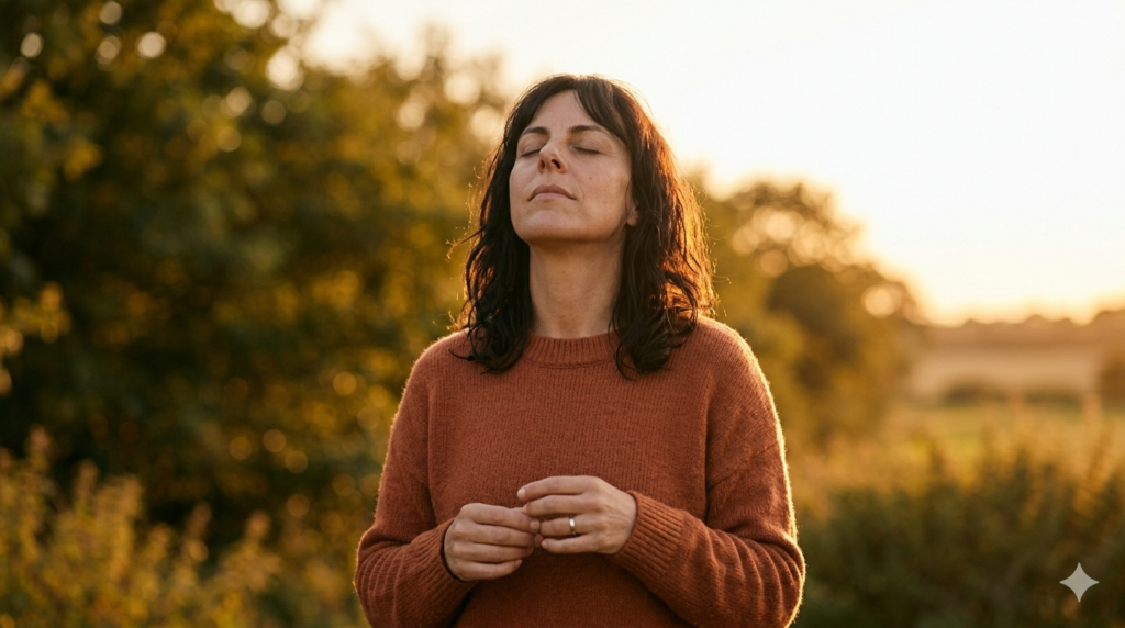 A woman with dark hair stands outdoors at golden hour, eyes closed and hands gently clasped, bathed in warm evening light with blurred green trees behind her — conveying quiet self-acceptance and inner stillness.