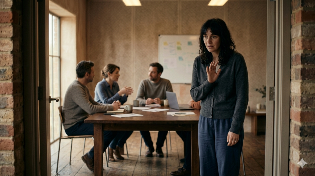A woman stands hesitantly in a meeting room doorway, one hand raised in an apologetic gesture, while three colleagues sit around a table in the background — illustrating the feeling of not believing you deserve to take up space.