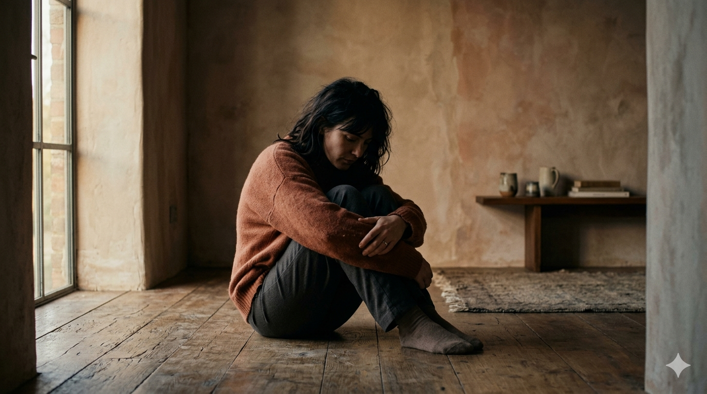 A person sits alone on a wooden floor in a sparse, warmly lit room, knees drawn to their chest and head bowed — a quiet moment of introspection representing the first step toward recognising and healing low self-worth.
