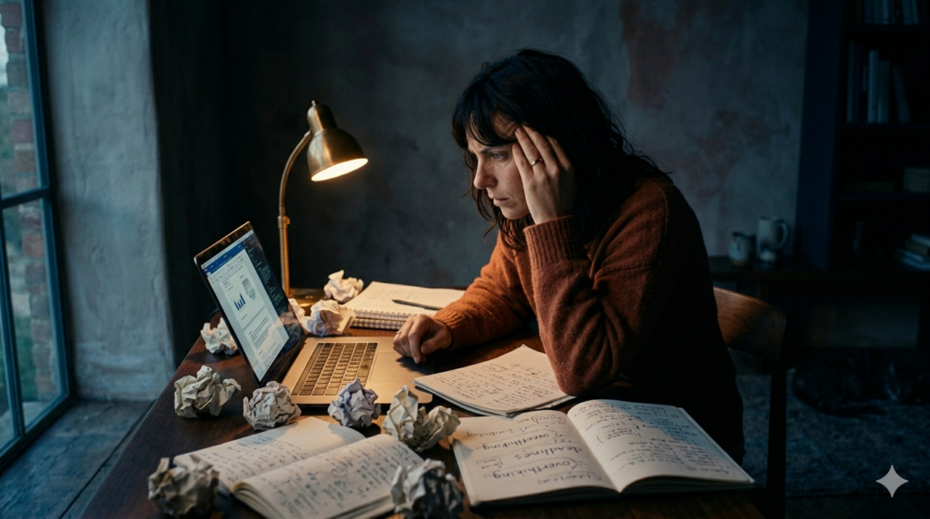 A woman in a rust-coloured sweater sits at a cluttered desk late at night, head resting in her hand as she stares at a laptop screen surrounded by crumpled paper and handwritten notes, conveying exhaustion and the mental toll of perfectionism.