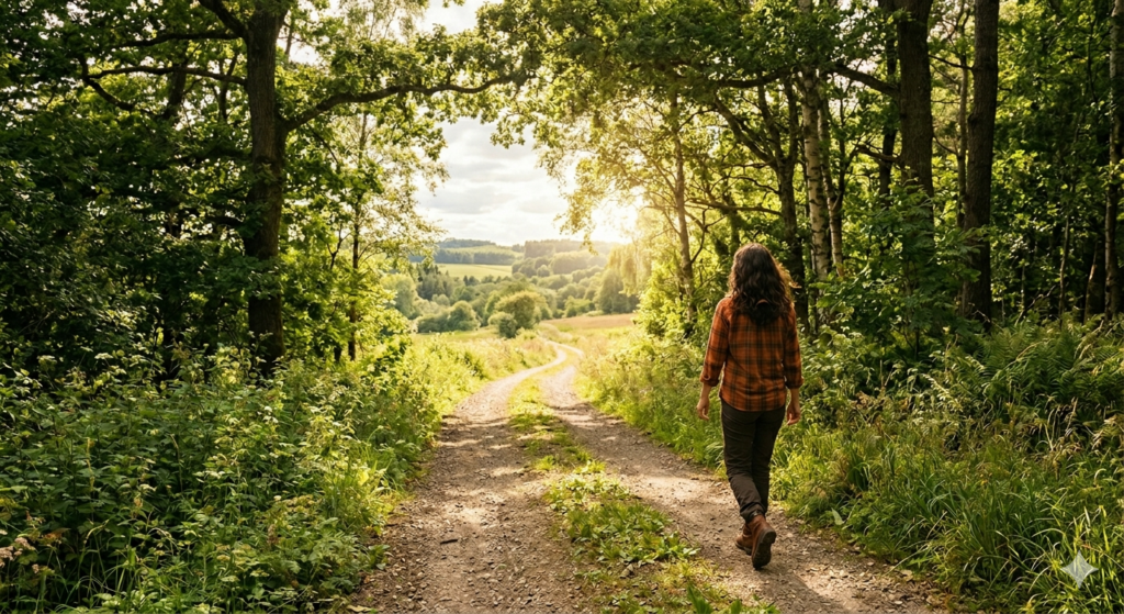 A woman walking forward down a sunlit open path through nature, symbolising personal growth, healing, and freedom after choosing to let go of the pas