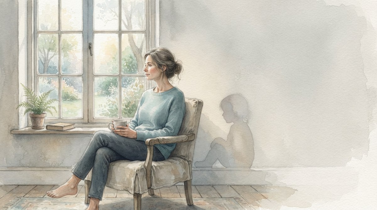 Adult reflecting by a window, thinking about the long-term effects of bullying.