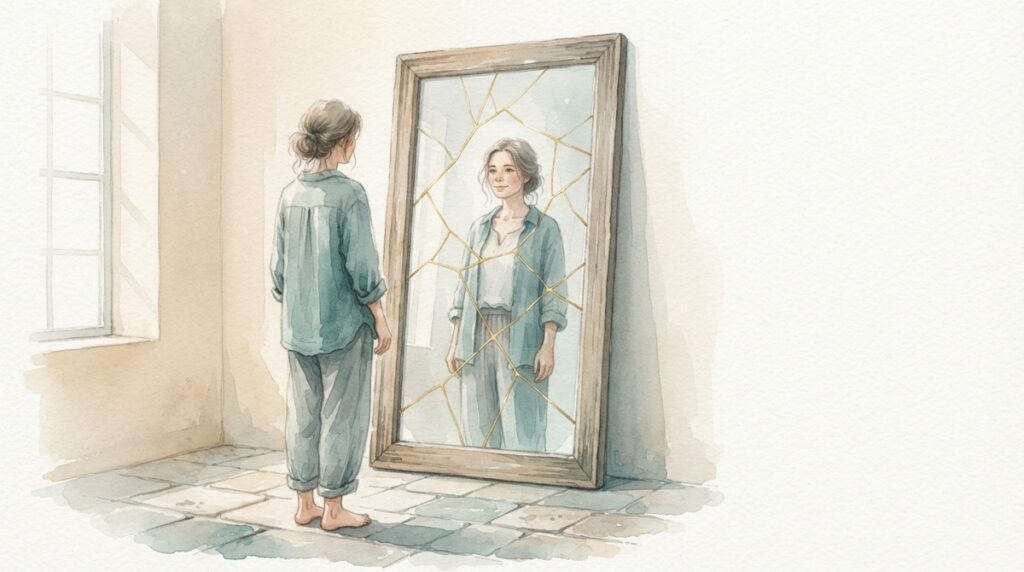 Mirror with gold repair lines, representing rebuilding self-esteem after childhood bullying.