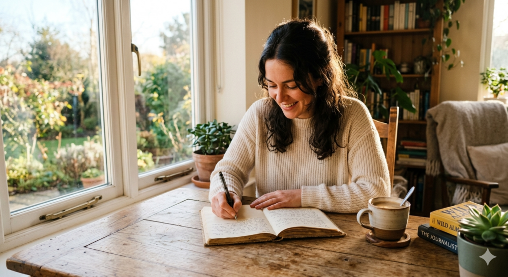 A woman writing in an open journal by a sunny window, reflecting on personal growth and finding ways to let go of the past.