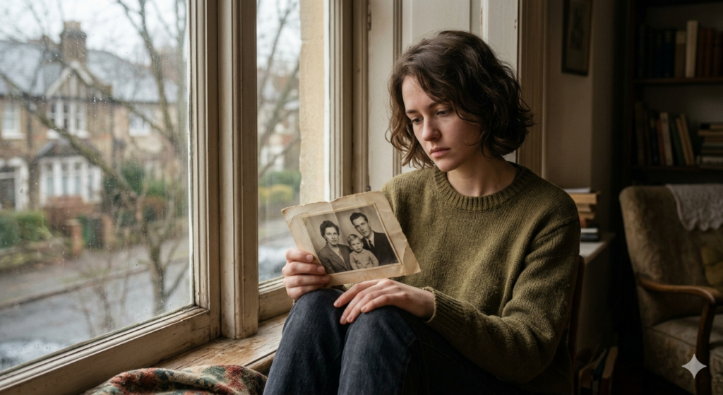 A woman sitting alone by a window holding an old photograph, reflecting on painful memories as she learns how to let go of the past.