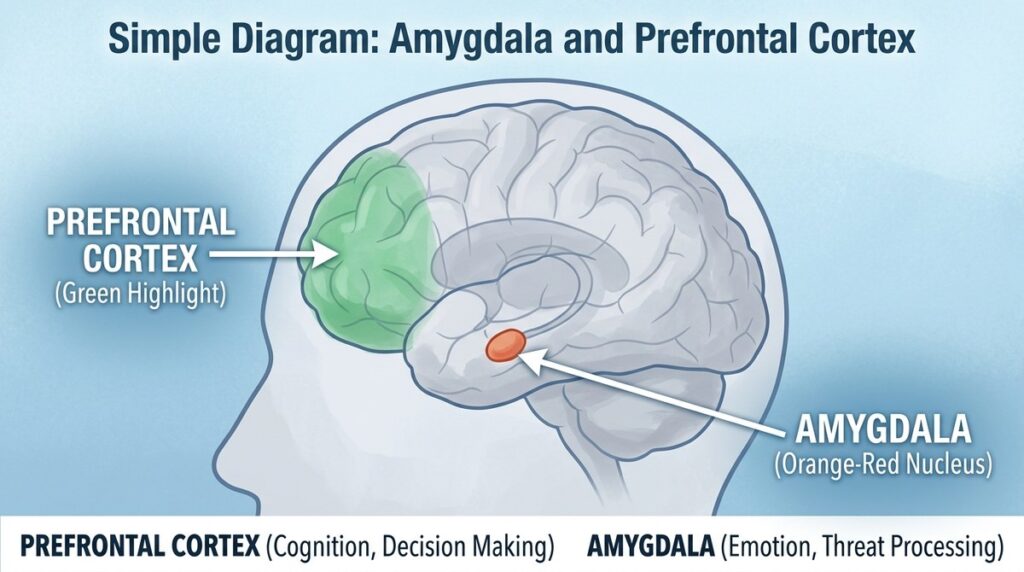 Diagram of the amygdala and prefrontal cortex, two brain areas involved in nervous system regulation
