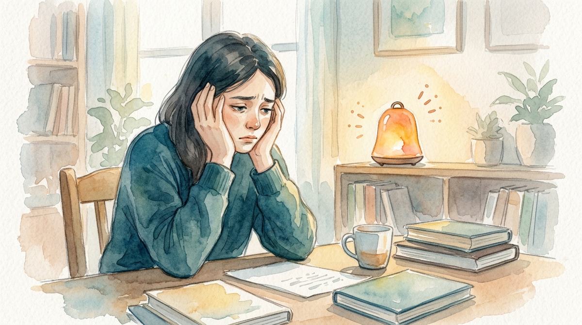 Watercolour of an anxious woman at a desk beside a glowing alarm bell, showing why nervous system regulation matters.