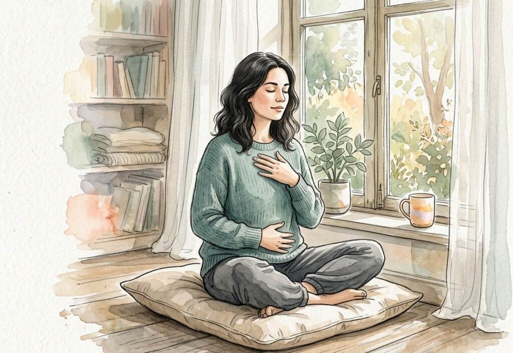 Woman sitting by a window with hands on chest and belly, practising a nervous system regulation breathing exercise